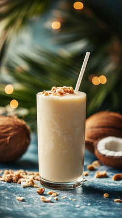A tall glass of creamy coconut smoothie is garnished with crushed nuts. The backdrop features coconuts, enhancing the tropical feel. The drink is perfect for refreshing moments.の素材