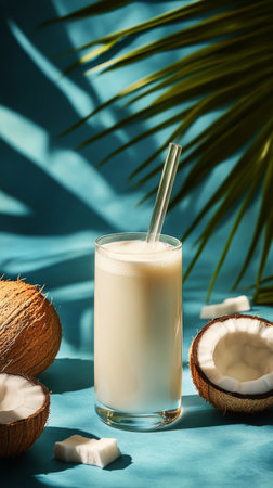 A tall glass of creamy coconut smoothie is garnished with crushed nuts. The backdrop features coconuts, enhancing the tropical feel. The drink is perfect for refreshing moments.の素材