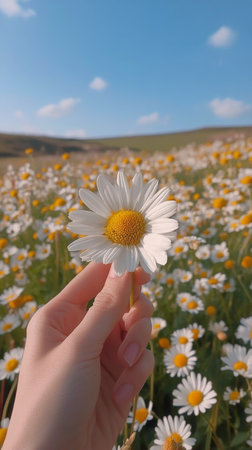 A hand grasps a large daisy with white petals and a yellow center, surrounded by a lush field of various wildflowers on a cloudy spring day, capturing the beauty of nature.の素材