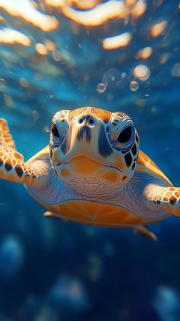 A vibrant sea turtle glides through the clear blue ocean, its expressive eyes observing the underwater world. Sunlight filters through the water, creating shimmering patterns all around.の素材