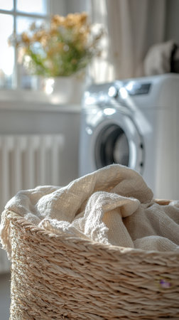 A woven laundry basket holds white towels, placed beside a washing machine in a bright, airy laundry room. Natural light enhances the simple, clean decor of the space.の素材