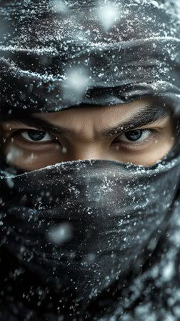 A mysterious figure covered in a dark scarf stars intensely into the distance as snowflakes fall around them, creating an atmosphere of intrigue in a cold winter setting.の素材