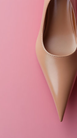 A pair of elegant nude high heels are showcased against a bright pink backdrop. The sleek design highlights the shiny finish and pointed toes, perfect for a fashionable occasion.の素材