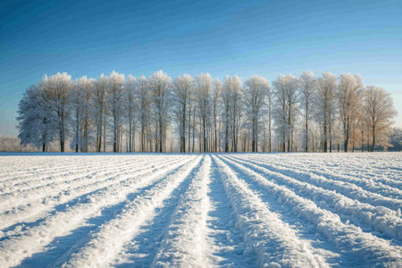 A tranquil winter landscape features frosted trees standing tall against a bright blue sky. Soft, untouched snow blankets the ground, creating a peaceful and picturesque scene of natures beauty.の素材