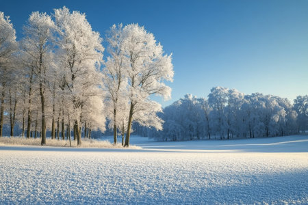 A tranquil winter landscape features frosted trees standing tall against a bright blue sky. Soft, untouched snow blankets the ground, creating a peaceful and picturesque scene of natures beauty.の素材