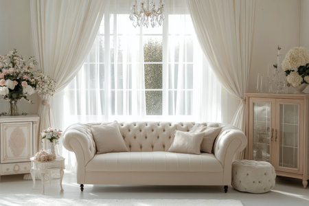 The living room features a spacious white couch adorned with soft cushions, complemented by elegant draperies framing a large window. Lush greenery is visible outside, enhancing the airy atmosphere.の素材