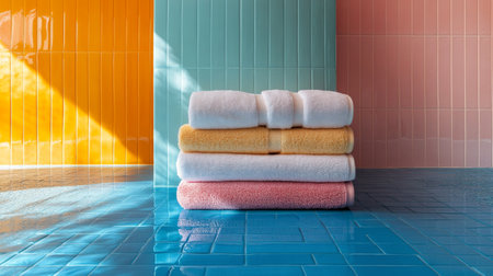Soft, white towels are stacked neatly on a glossy blue tiled floor. Sunlight streams in, creating a fresh and welcoming atmosphere in the bathroom.の素材