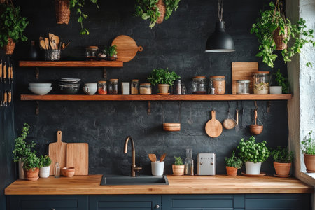 Beautiful wooden shelves organize various jars filled with spices and grains, alongside fresh herbs and simple bowls. The warm atmosphere creates a welcoming kitchen environment.の素材