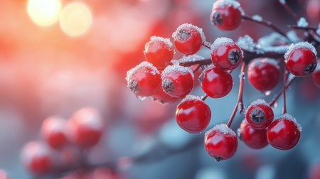 A cluster of bright red berries adorns a plant, showing intricate details and textures.の素材