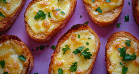 Slices of toasted bread are generously topped with melted cheese and garnished with fresh herbs. The golden brown edges create a delightful contrast against a bright background.の素材