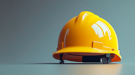 A bright yellow hard hat is placed on a smooth surface in a well lit indoor environment. The hard hat appears new and unused, showing its vibrant color and sturdy design.の素材