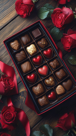 An exquisite box of assorted chocolates features heart shaped candy and decorative pieces nestled among vibrant red roses. The setting evokes romance and sophistication.の素材