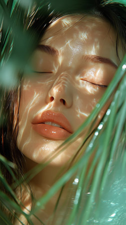 A woman relaxes in a tropical setting, surrounded by green leaves as soft sunlight creates patterns across her peaceful face. Her eyes are closed, expressing calmness and tranquility.の素材