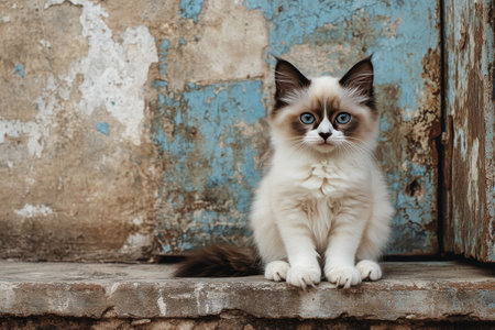 A fluffy kitten with striking blue eyes sits on a cobblestone path in a rustic alley. The weathered walls add character to the charming setting, capturing the kittens curious expression.の素材