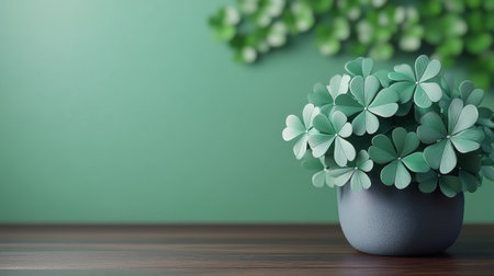 A decorative pot holds an arrangement of intricate paper clovers, showing varying shades of green. The background features a matching hue that enhances the natural feel of the setting.の素材