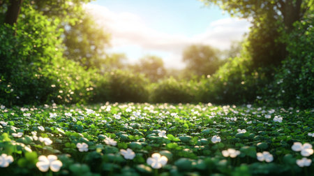 A decorative pot holds an arrangement of intricate paper clovers, showing varying shades of green. The background features a matching hue that enhances the natural feel of the setting.の素材