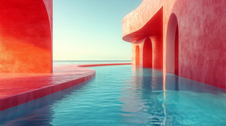 Crystal clear water fills a narrow rocky tunnel, highlighting an orange pipe that extends into the distance, creating a captivating pathway beneath the sunlit surroundings.の素材