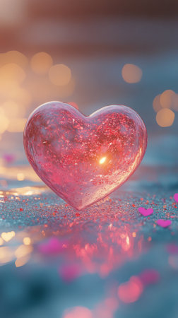A striking pink heart shaped decoration glimmers on a chilly surface, surrounded by delicate ice crystals. The ambiance is soft and serene, illuminated by warm twilight hues.の素材