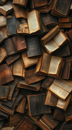 Numerous old books with worn covers are piled together, showing various sizes and colors. Some pages are open, revealing faded text. The warm lighting enhances the nostalgic atmosphere.の素材