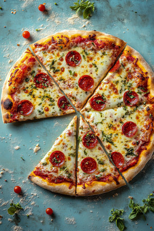 A freshly baked pepperoni pizza sits on a blue table surrounded by green herbs and tomatoes. Each slice is topped with melted cheese and garnished with chopped herbs for added flavor.の素材