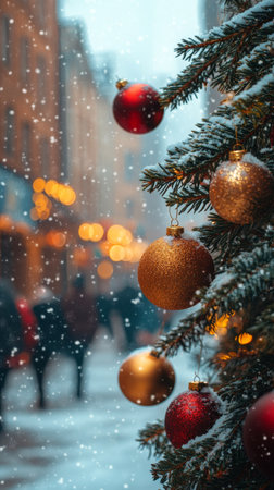 Colorful ornaments dangle from a snowy tree, creating a magical holiday atmosphere as people stroll past decorated shops in a winter wonderland. The scene is illuminated by soft lights.の素材
