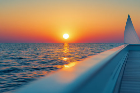 The sun sets slowly over the ocean, casting a warm glow across the water. A sailboats white sail stands elegantly against the vibrant sky as evening approaches.の素材