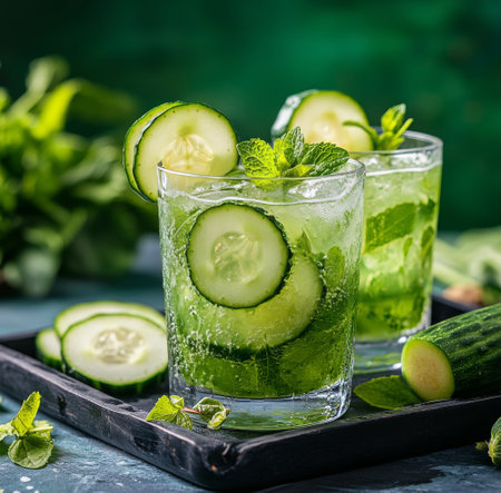 Two chilled drinks made with cucumber and mint sit on a wooden tray. Fresh slices of cucumber and mint leaves add a vibrant touch, showing a refreshing and healthy beverage choice.の素材