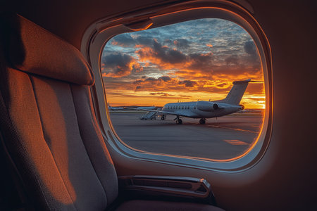 As the sun sets, a vibrant sky fills with orange and purple hues while a small aircraft waits on the runway. The scene captures a moment of tranquility and anticipation just before flights.の素材