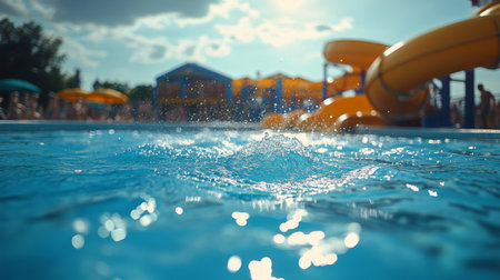 Visitors enjoy floating on bright orange tubes in a lazy river at an indoor water park. The atmosphere is lively with water slides and lush greenery around, creating a fun summer retreat.の素材