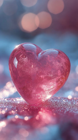 A striking pink heart shaped decoration glimmers on a chilly surface, surrounded by delicate ice crystals. The ambiance is soft and serene, illuminated by warm twilight hues.の素材