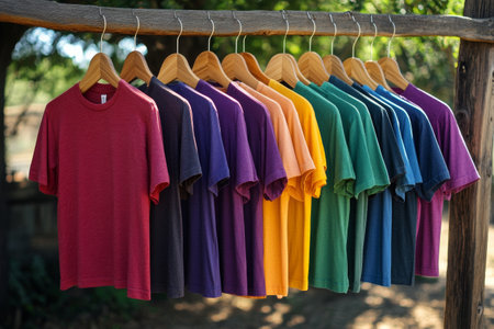 A collection of brightly colored shirts is neatly arranged on wooden hangers. The vibrant display includes shades of red, green, purple, yellow, and more, set against a grassy field and sunny sky.の素材