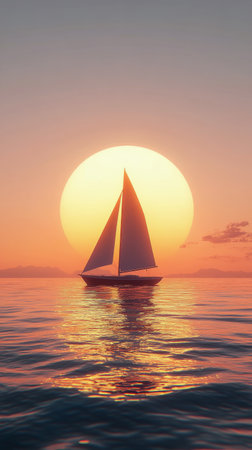 A serene moment captures a sailboat navigating tranquil waters during sunset. The bright sun casts a warm glow over the horizon, creating a peaceful atmosphere.の素材
