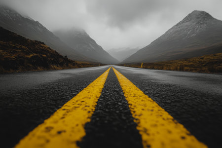 A quiet road with yellow lines leads through a valley surrounded by towering mountains under a cloudy sky. The atmosphere is calm and mysterious as mist lingers in the distance.の素材