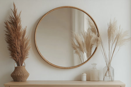 This bright bathroom showcases a round wooden mirror above a sleek sink, surrounded by elegant decor including towels and greenery. The natural light enhances the serene atmosphere.の素材