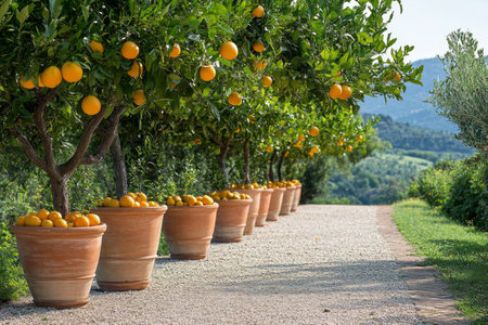 Rows of terracotta pots filled with bright oranges create a vibrant display along a serene pathway surrounded by lush greenery.の素材