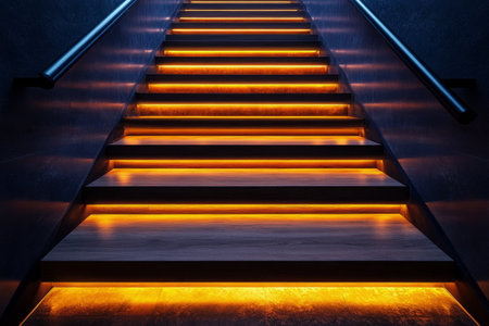 A contemporary staircase features sleek wooden steps, illuminated by vibrant orange lights along the edges. This striking design enhances the ambiance of the space at night.の素材