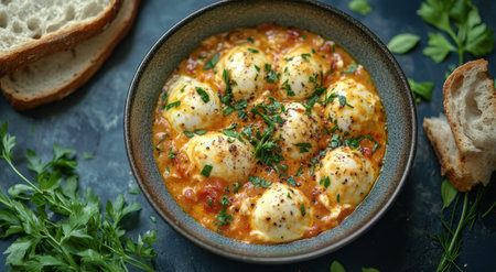 A bowl filled with baked eggs nestled in a rich tomato sauce, garnished with herbs, accompanied by slices of fresh bread on a textured surface. The warm dish is perfect for a cozy meal.の素材