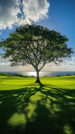A vibrant green tree stands on a grassy area, its shadow stretching across the ground. The ocean sparkles in the background under a bright blue sky, creating a picturesque view.の素材