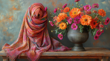 A stunning display of various flowers in bright colors fills a decorative vase on an antique wooden table. A richly patterned textile drapes over the edge, enhancing the artistic composition.の素材