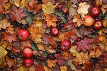 A variety of red and green apples, blueberries, and clusters of berries are surrounded by an array of colorful autumn leaves. The composition highlights the rich textures and seasonal beauty.の素材
