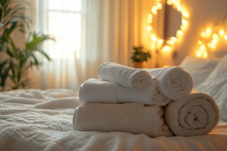 A bedroom cozy showcases a neatly stacked arrangement of fresh towels on a soft bed. The warm glow from fairy lights creates an inviting atmosphere, enhancing the tranquility of the space.の素材
