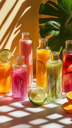 A lively arrangement of various bottled fruit juices and smoothies is surrounded by fresh citrus fruits on a bright surface.の素材