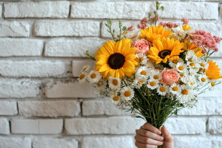 A hand holds a vibrant bouquet made of cheerful sunflowers and fresh daisies. The backdrop features a textured white brick wall, enhancing the floral displays beauty.の素材