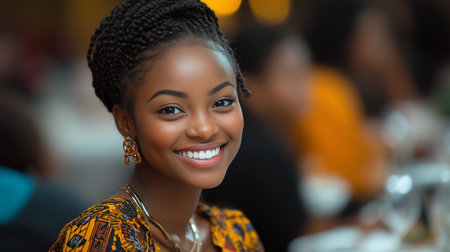 A woman with braided hair, adorned in colorful traditional African clothing, sits at a table in a busy restaurant. She wears statement jewelry and displays a cheerful smile, enjoying the ambiance.の素材