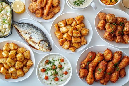Grilled salmon fillets are presented on a white plate surrounded by vibrant cherry tomatoes, greens, and sauted vegetables, showing a healthy and appetizing meal setup.の素材