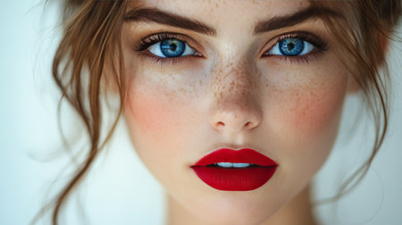 A close up view of a woman showcasing her bright blue eyes and bold red lips. Her freckled complexion and soft curls enhance the overall allure, creating an engaging visual experience.の素材