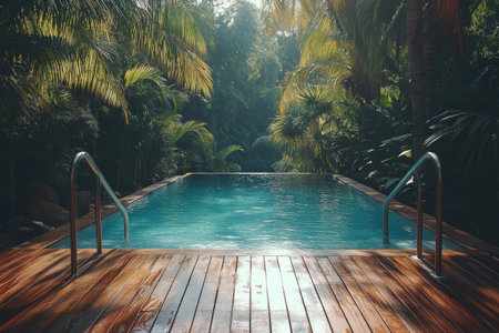 The serene swimming pool is framed by vibrant tropical plants, creating a peaceful ambiance. Sun loungers are visible, inviting relaxation under the dappled sunlight.の素材