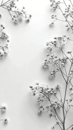 This composition features delicate white flowers arranged artistically on a soft, neutral background, creating a calm and harmonious atmosphere, perfect for modern decor or design themes.の素材
