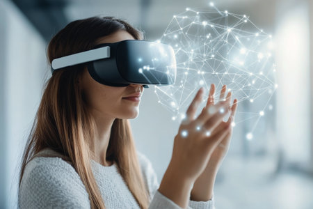 A woman wearing a virtual reality headset interacts with digital elements while standing indoors. She appears engaged and curious, reaching out to touch the virtual interface.の素材