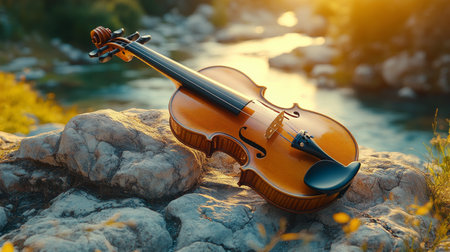 A handcrafted violin is positioned on a large rock amidst lush greenery and distant hills at sunset, highlighting the artistry of the instrument and the tranquil environment surrounding it.の素材